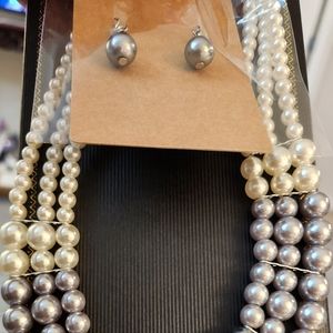 Triple Row Two Tone Pearl Necklace Earrings Set
